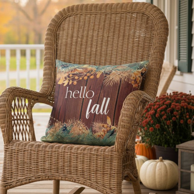 Hallo Fall Modernes, elegantes Foliage Wood Kissen (Von Creator hochgeladen)