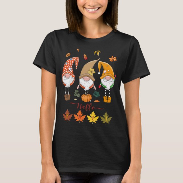 Hallo Fall Niedlich Gnomes Pumpkins Blätter Glückw T-Shirt (Vorderseite)