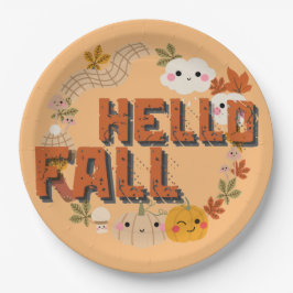 Hallo Fall Niedlich Natur Herbst Blätter Pumpkins Pappteller