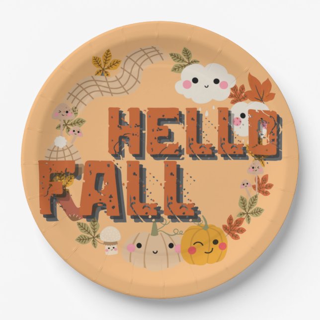 Hallo Fall Niedlich Natur Herbst Blätter Pumpkins Pappteller (Vorderseite)
