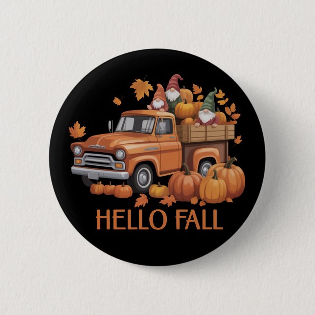 Hallo Fall Pumpkin Lieferwagen Truck Gnome Herbstb Button (Vorderseite)