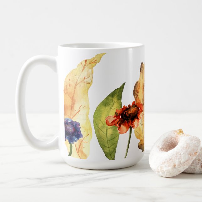 Hallo Fall | Typografie | Herbstflorale und Blätte Kaffeetasse (Mit Donut)