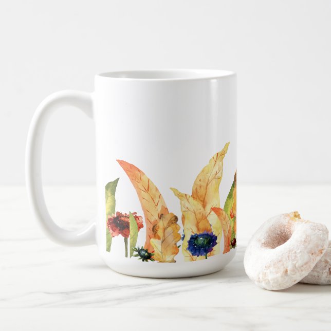 Hallo Fall | Typografie | Herbstflorale und Blätte Kaffeetasse (Mit Donut)