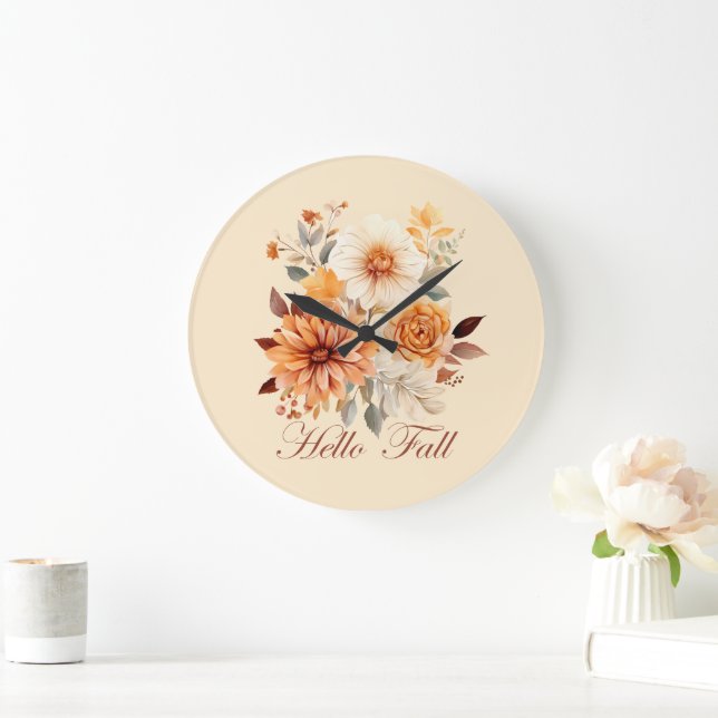 Hallo Fall Wasserfarbe Wildblumen Blätter Herbst Große Wanduhr (Zuhause)