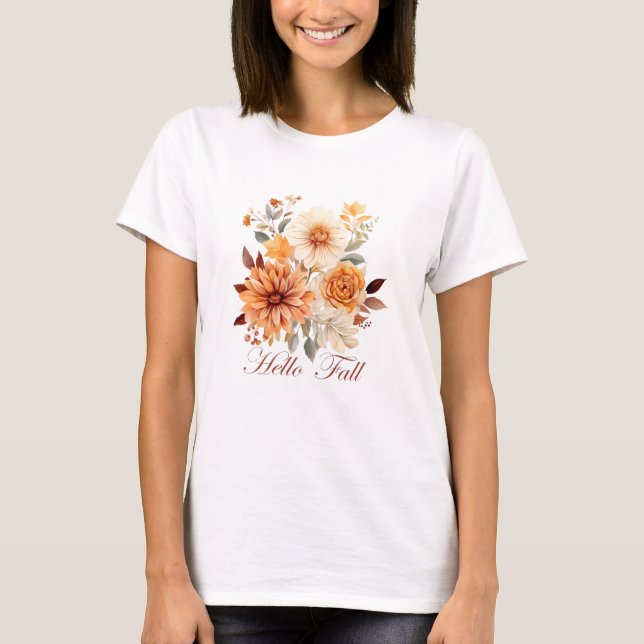 Hallo Fall Wasserfarbe Wildblumen Blätter Herbst T-Shirt (Vorderseite)