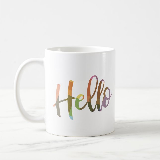 Hallo farbenfrohe Word Art Script Design Kaffeetasse (Links)
