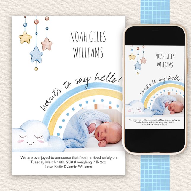 Hallo Foto Niedlich Rainbow Kinderzimmer Boy Birth Ankündigung (Photo Baby Boy Birth Announcement with Cute Rainbow)