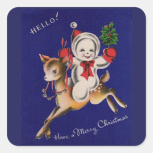 Hallo ! Frohe Weihnachtsschneemänner auf Rentieren Quadratischer Aufkleber