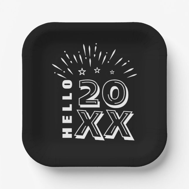 Hallo Frohes Neues Jahr Feuerwerk Schwarz-weiße St Pappteller (Vorderseite)