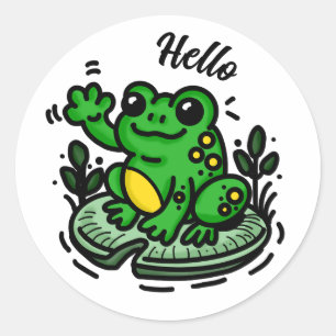 Hallo    Frosch auf Lily Pad Hand Drawing Runder Aufkleber