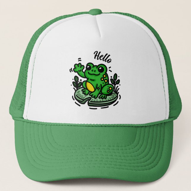Hallo  | Frosch auf Lily Pad Hand Drawing Truckerkappe (Vorderseite)