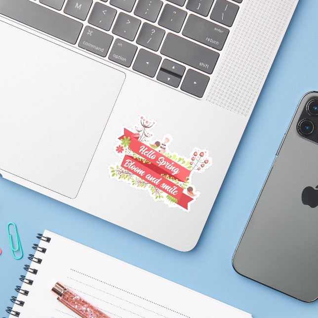 Hallo Frühling, Bloom und Lächeln Aufkleber (Laptop mit iPhone)