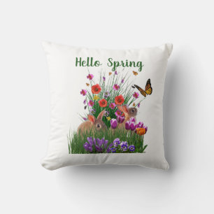 Hallo Frühling Osterhasen und Blumengarten Kissen