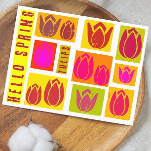 Hallo Frühling Tulpen Briefmarke Stil bunt Postcar Postkarte