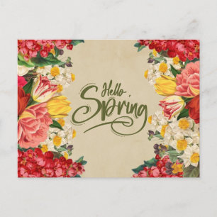 Hallo Frühling Vintage Tulpe, Narzissen Blumen Postkarte