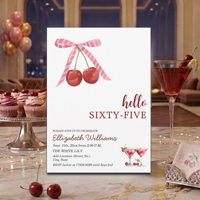 Hallo Fünfundsechzig Cherry Martini Geburtstagsfei Einladung (Von Creator hochgeladen)