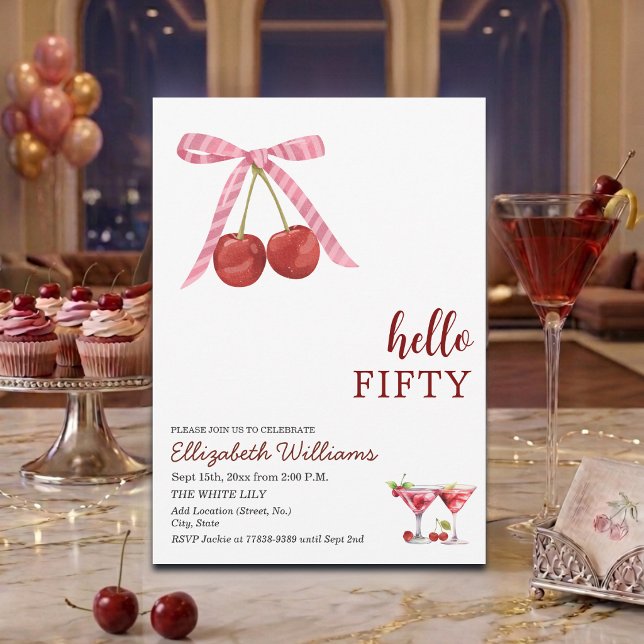 Hallo Fünfzig Cherry Martini Geburtstagsfeier Einladung (Von Creator hochgeladen)