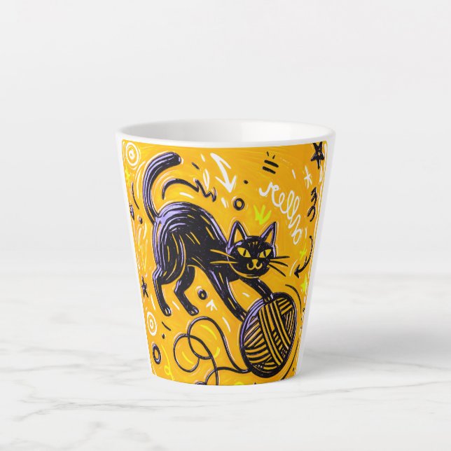 Hallo Gelbe Schwarze Katze Milchtasse (Vorderseite)