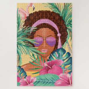 Hallo Girl Beach Beauty Tropical Palm & Flamingo Puzzle