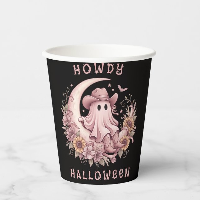Hallo Halloween Boho Western Geist auf Mond Pappbecher (Vorderseite)