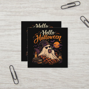 Hallo Halloween Süßer Geist Trinkt Kaffee Quadratische Visitenkarte