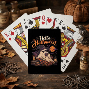 Hallo Halloween Süßer Geist Trinkt Kaffee Spielkarten