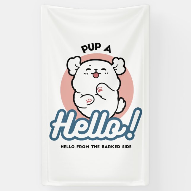 Hallo! - Happy White Dog Cartoon Design Banner (Vertikal)