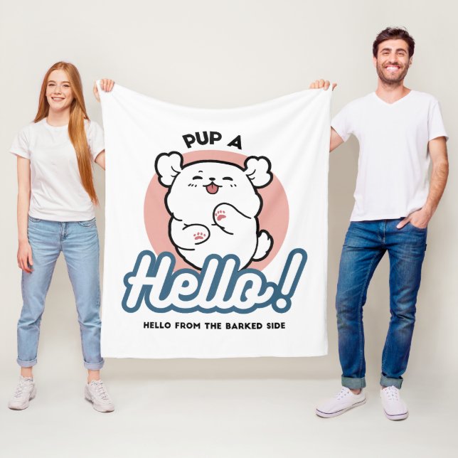 Hallo! - Happy White Dog Cartoon Design Fleecedecke (Beispiel)