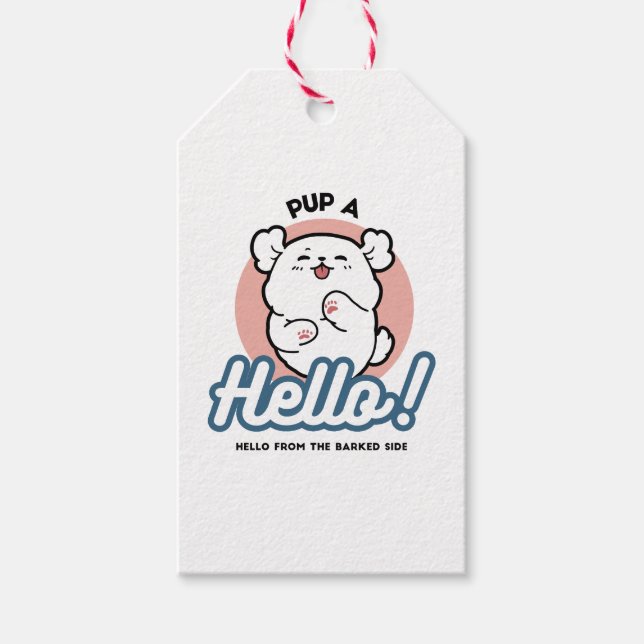 Hallo! - Happy White Dog Cartoon Design Geschenkanhänger (Vorderseite)