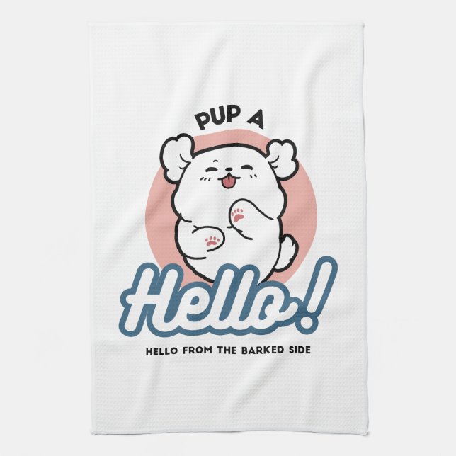 Hallo! - Happy White Dog Cartoon Design Geschirrtuch (Vertikal)