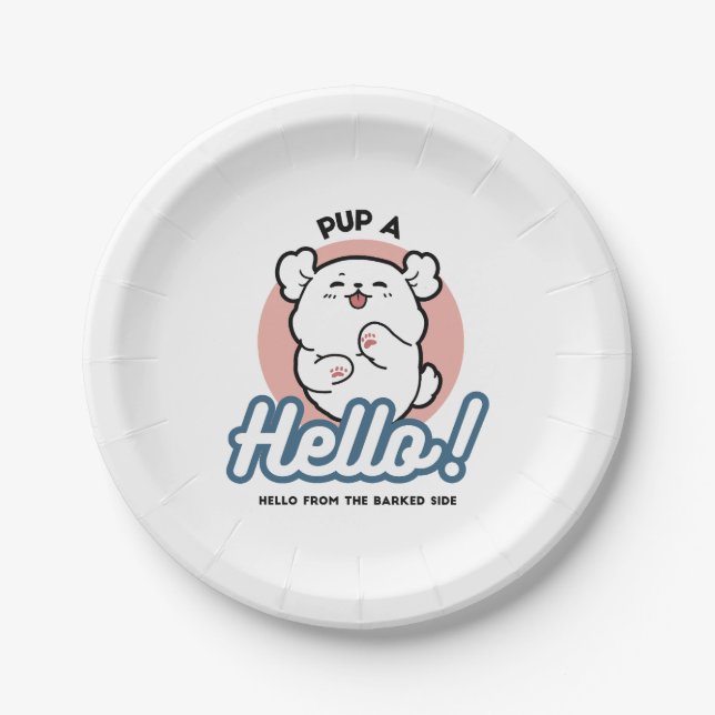 Hallo! - Happy White Dog Cartoon Design Pappteller (Vorderseite)