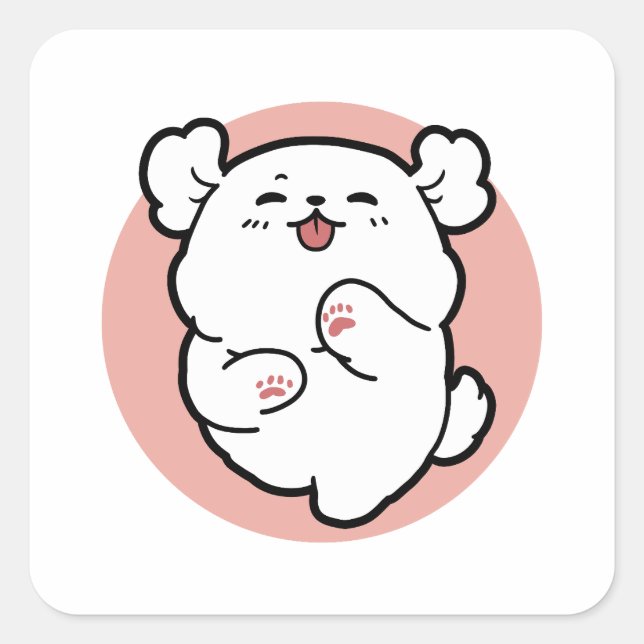 Hallo! - Happy White Dog Cartoon Design Quadratischer Aufkleber (Vorderseite)