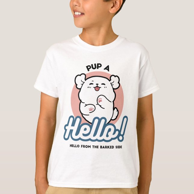 Hallo! - Happy White Dog Cartoon Design T-Shirt (Vorderseite)
