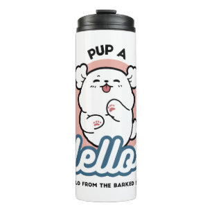 Hallo! - Happy White Dog Cartoon Design Thermosbecher