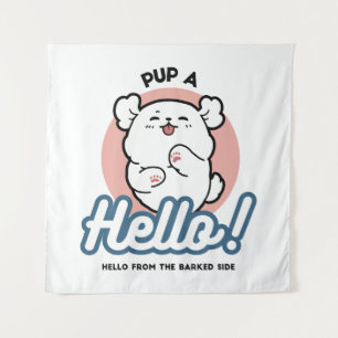 Hallo! - Happy White Dog Cartoon Design Wandteppich