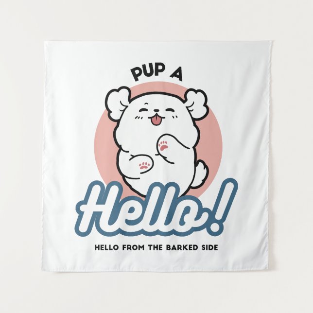 Hallo! - Happy White Dog Cartoon Design Wandteppich (Vorderseite)
