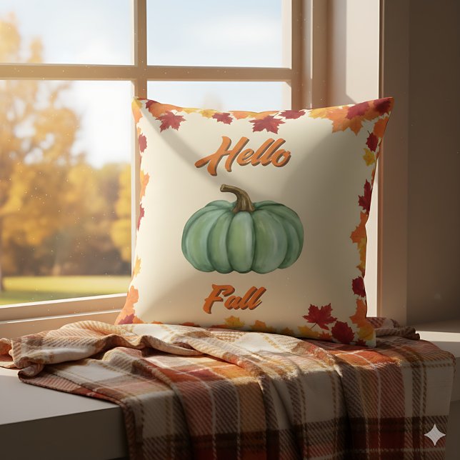 Hallo Herbst - Bauernhof Grün Pumpkin Gemütliches  Kissen (Hello Fall pillow with colorful leaves - perfect rustic accent for autumn home)