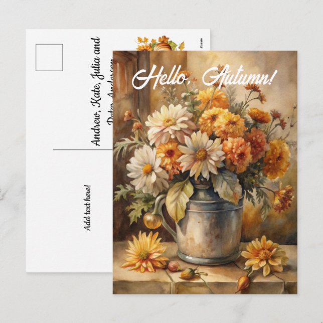 Hallo, Herbst - Eimer mit Blume Feiertagspostkarte (Vorne/Hinten)