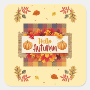 Hallo Herbst-Karo-Blätter Quadratischer Aufkleber
