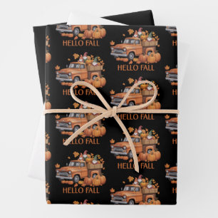 Hallo Herbst-Kürbis-Pickup-Truck-Gnom Herbstbaum Geschenkpapier Set