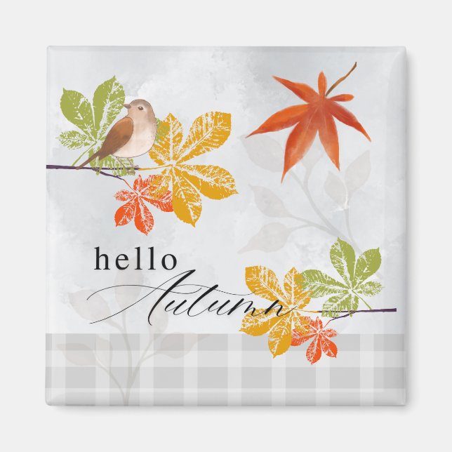 Hallo Herbst mit Bird und Herbstlauben Magnet (Vorne)