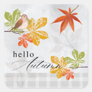 Hallo Herbst mit Bird und Herbstlauben Quadratischer Aufkleber