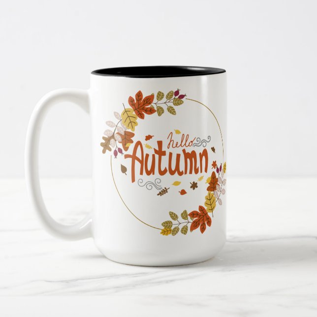 Hallo Herbst mit Blattdesign Zweifarbige Tasse (Links)