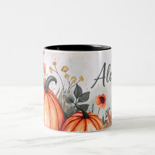Hallo Herbst mit Blume und Namen Zweifarbige Tasse