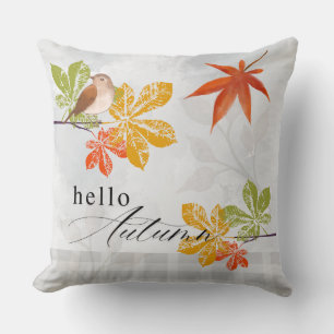 Hallo Herbst mit Vogel und Herbstlaub Kissen