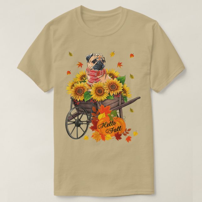 Hallo Herbst Mops Hund in Sonnenblumen Blätter Her T-Shirt (Design vorne)