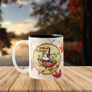 Hallo Herbst, Niedliche Katzen-Sits im Schirm Zweifarbige Tasse