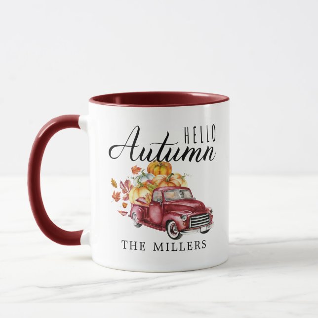 Hallo Herbst | Vintager Erntewagen Personalisiert Tasse (Links)