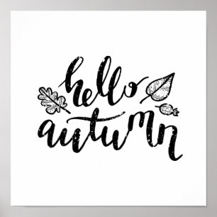 Hallo Herbstblätter Schwarz-Weiß-Kalligrafie Poster