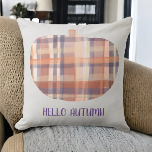 Hallo Herbstkürbis Tartan Aquarell grau Orange Kissen